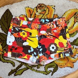 Y2K Ci Sono Low-Rise Red and Yellow Stretchy Floral Shorts